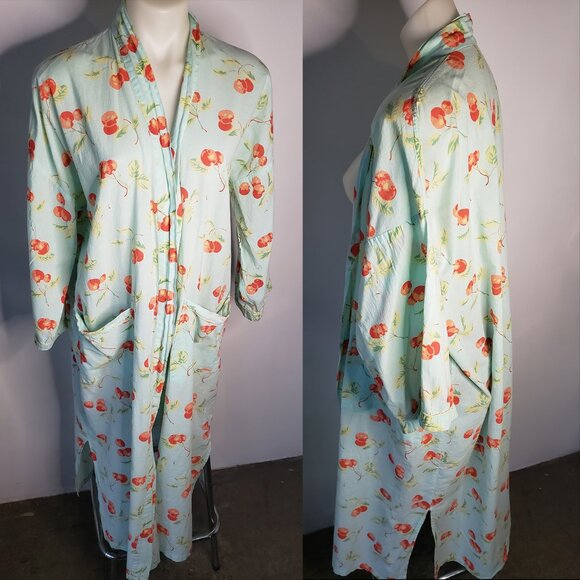 Vintage Soft Pistachio Green + Cherry Sheer Light Bath Sauna Spa Robe - Picture 1 of 7